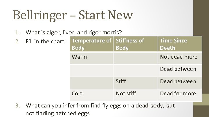 Bellringer – Start New 1. What is algor, livor, and rigor mortis? 2. Fill