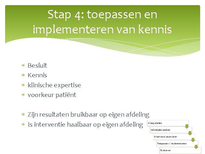 Stap 4: toepassen en implementeren van kennis Besluit Kennis klinische expertise voorkeur patiënt Zijn