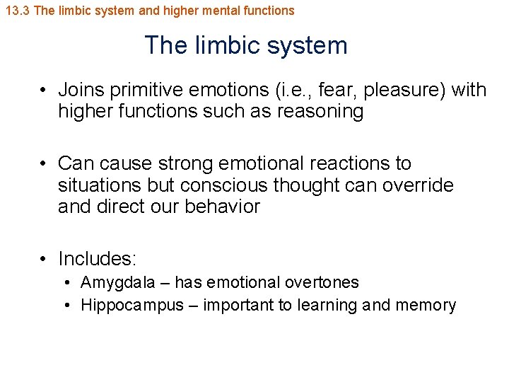 13. 3 The limbic system and higher mental functions The limbic system • Joins