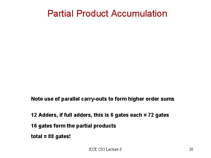 Partial Product Accumulation Note use of parallel carry-outs to form higher order sums 12