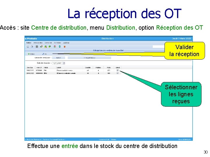 La réception des OT Accès : site Centre de distribution, menu Distribution, option Réception