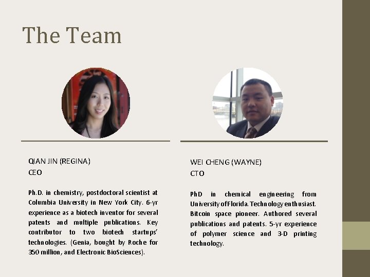 The Team QIAN JIN (REGINA) CEO WEI CHENG (WAYNE) CTO Ph. D. in chemistry,