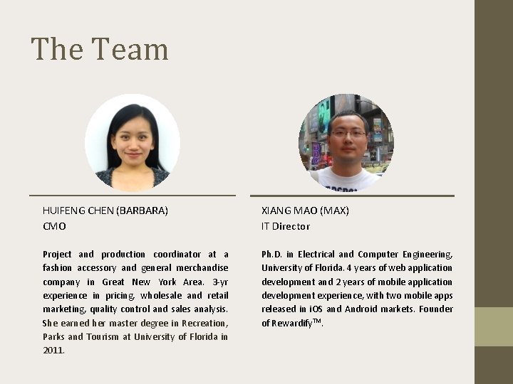 The Team HUIFENG CHEN (BARBARA) CMO XIANG MAO (MAX) IT Director Project and production