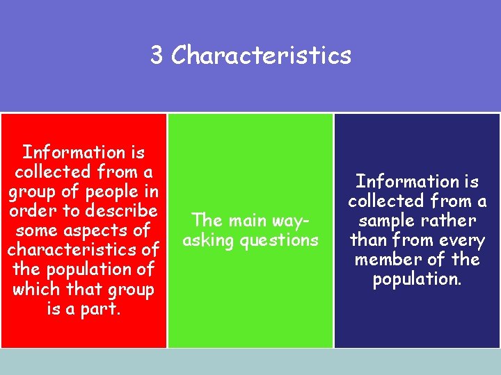 3 Characteristics Information is collected from a group of people in order to describe