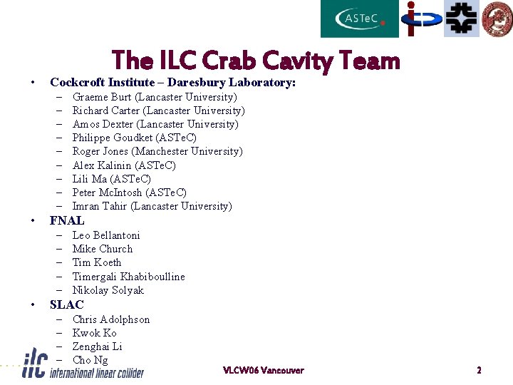  • The ILC Crab Cavity Team Cockcroft Institute – Daresbury Laboratory: – –