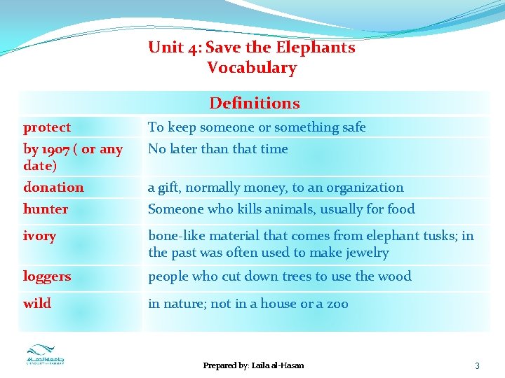 Unit 4: Save the Elephants Vocabulary Definitions protect To keep someone or something safe