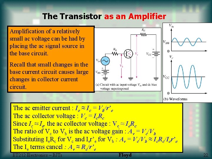 The Transistor as an Amplifier Amplification of a relatively small ac voltage can be
