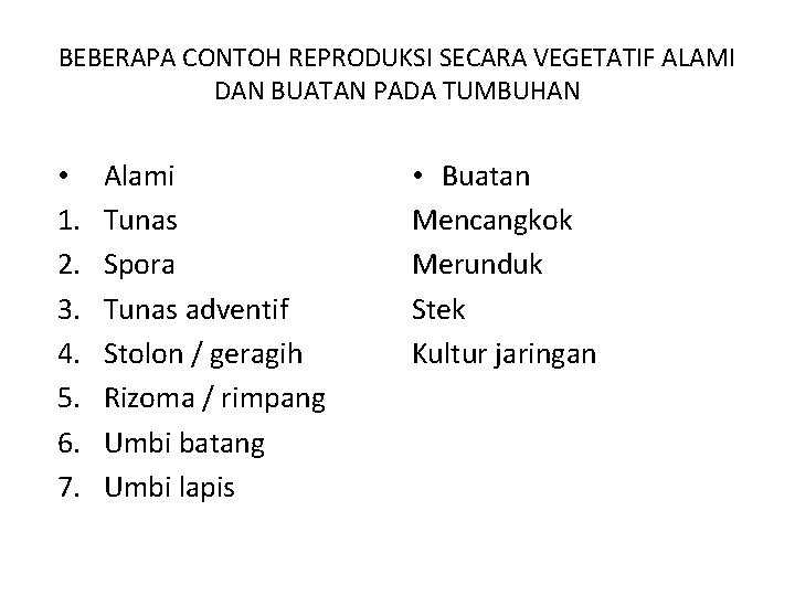 BEBERAPA CONTOH REPRODUKSI SECARA VEGETATIF ALAMI DAN BUATAN PADA TUMBUHAN • 1. 2. 3.