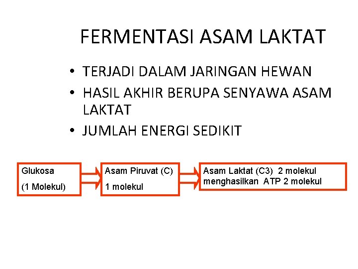 FERMENTASI ASAM LAKTAT • TERJADI DALAM JARINGAN HEWAN • HASIL AKHIR BERUPA SENYAWA ASAM