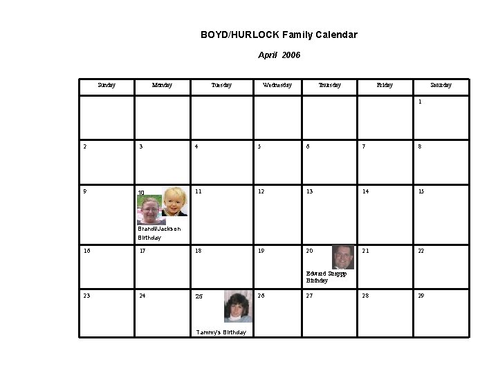 BOYD/HURLOCK Family Calendar April 2006 Sunday Monday Tuesday Wednesday Thursday Friday Saturday 1 2