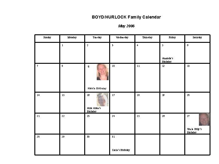 BOYD/HURLOCK Family Calendar May 2006 Sunday Monday 1 Tuesday 2 Wednesday 3 Thursday 4