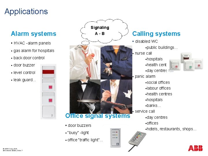 Applications Signaling A-B Alarm systems § disabled WC § HVAC -alarm panels § gas