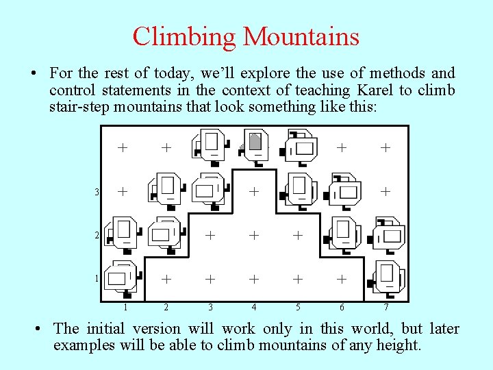 Climbing Mountains • For the rest of today, we’ll explore the use of methods Climbing Mountains • For the rest of today, we’ll explore the use of methods