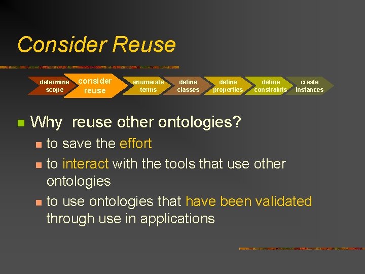 Consider Reuse determine scope n consider reuse enumerate terms define classes define properties define