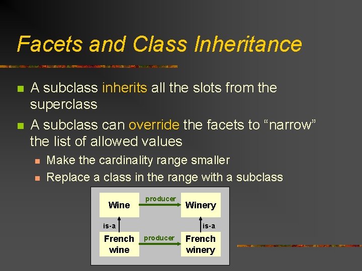 Facets and Class Inheritance n n A subclass inherits all the slots from the