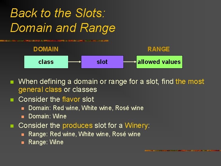 Back to the Slots: Domain and Range DOMAIN class n n slot allowed values