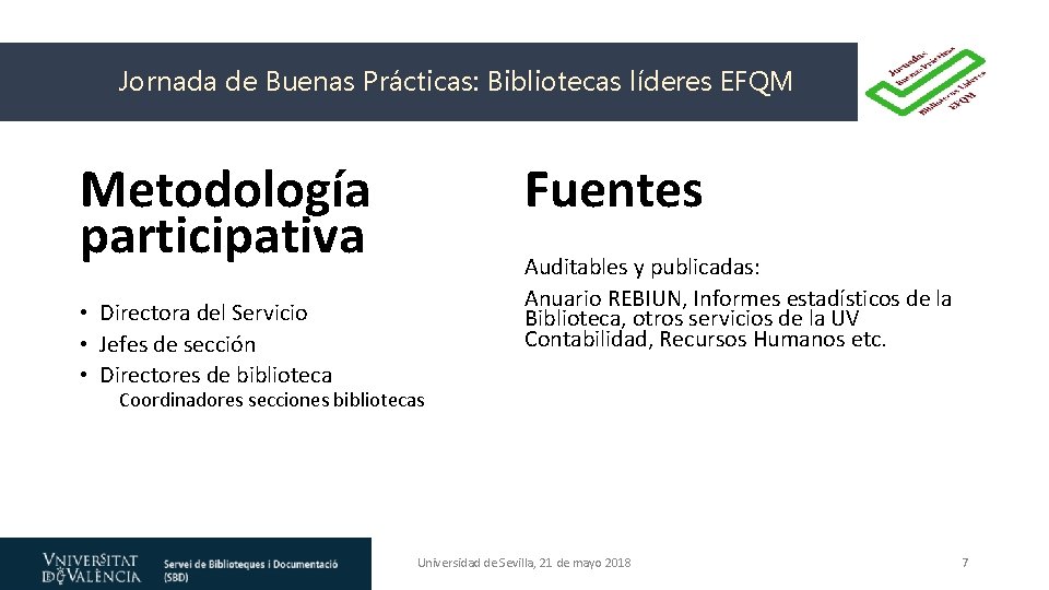 Jornada de Buenas Prácticas: Bibliotecas líderes EFQM Metodología participativa • Directora del Servicio •