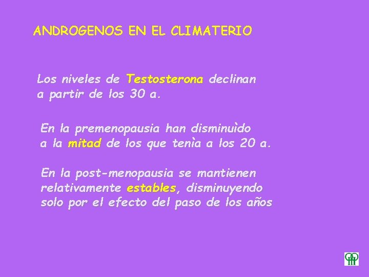 ANDROGENOS EN EL CLIMATERIO Los niveles de Testosterona declinan a partir de los 30