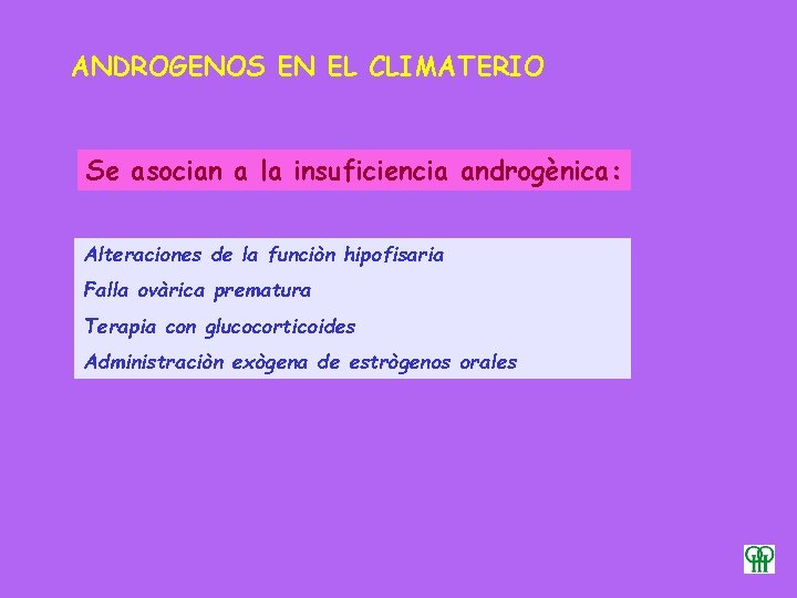 ANDROGENOS EN EL CLIMATERIO Se asocian a la insuficiencia androgènica: Alteraciones de la funciòn