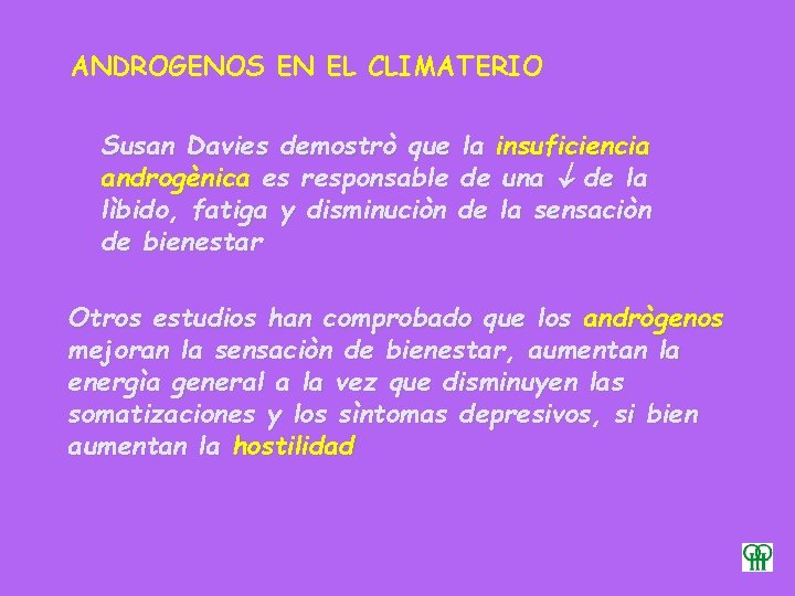 ANDROGENOS EN EL CLIMATERIO Susan Davies demostrò que la insuficiencia androgènica es responsable de