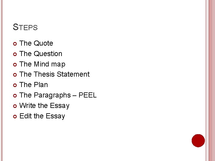 STEPS The Quote The Question The Mind map Thesis Statement The Plan The Paragraphs