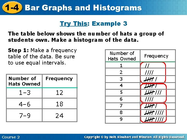 1 -4 Bar Graphs and Histograms Try This: Example 3 The table below shows