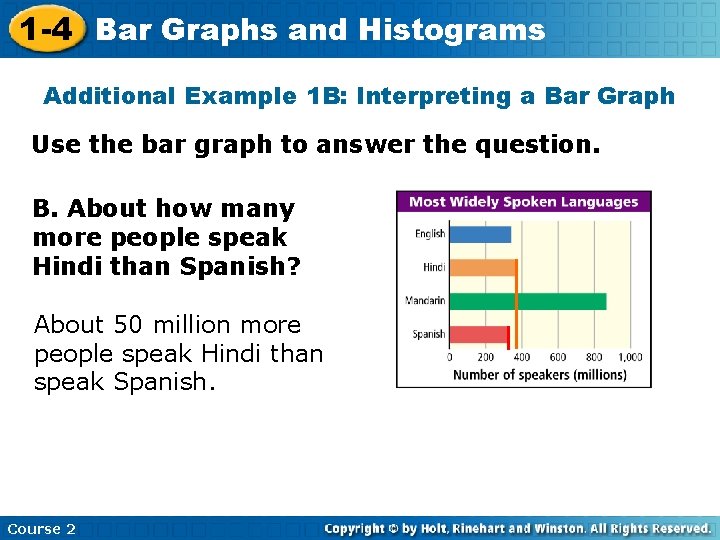 1 -4 Bar Graphs and Histograms Additional Example 1 B: Interpreting a Bar Graph