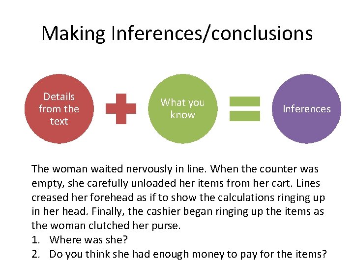 Making Inferences/conclusions Details from the text What you know Inferences The woman waited nervously