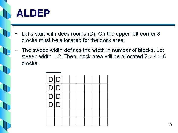 ALDEP • Let’s start with dock rooms (D). On the upper left corner 8