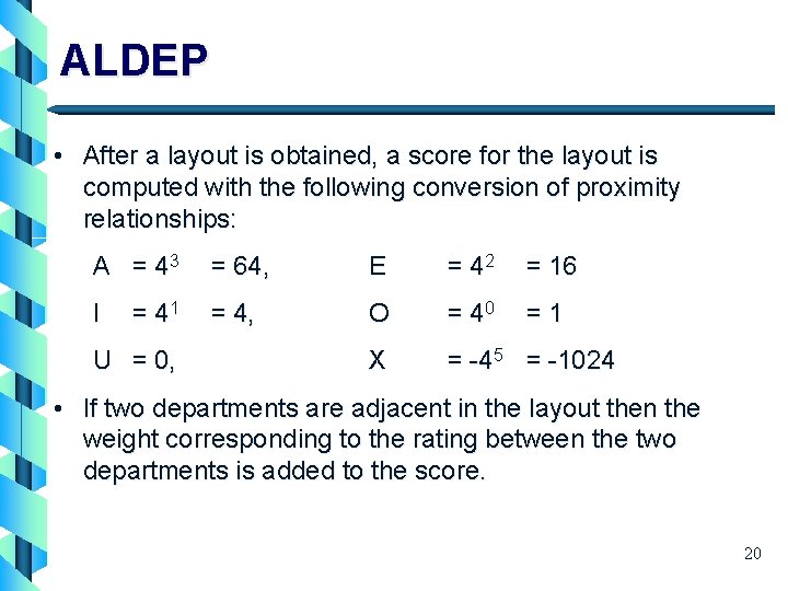 ALDEP • After a layout is obtained, a score for the layout is computed