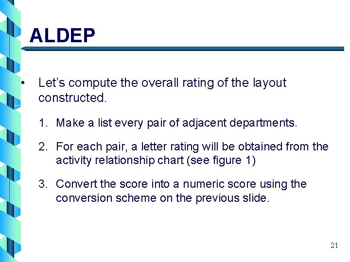 ALDEP • Let’s compute the overall rating of the layout constructed. 1. Make a