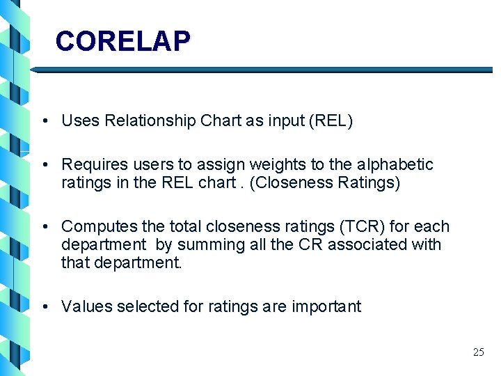 CORELAP • Uses Relationship Chart as input (REL) • Requires users to assign weights