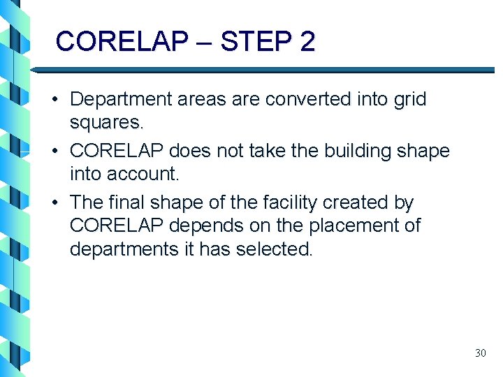 CORELAP – STEP 2 • Department areas are converted into grid squares. • CORELAP