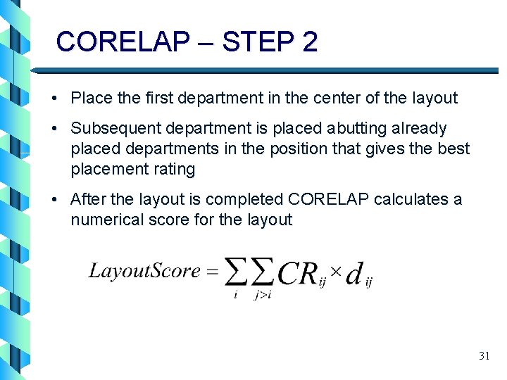 CORELAP – STEP 2 • Place the first department in the center of the