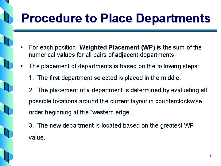 Procedure to Place Departments • For each position, Weighted Placement (WP) is the sum
