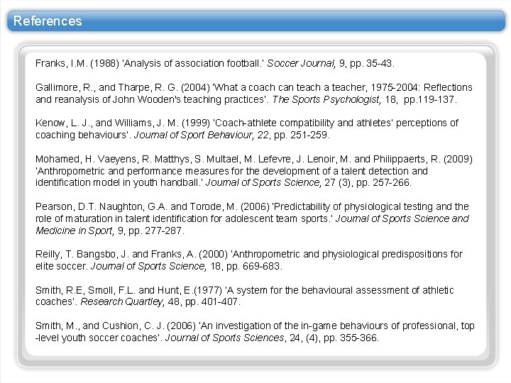 References Franks, I. M. (1988) ‘Analysis of association football. ’ Soccer Journal, 9, pp.