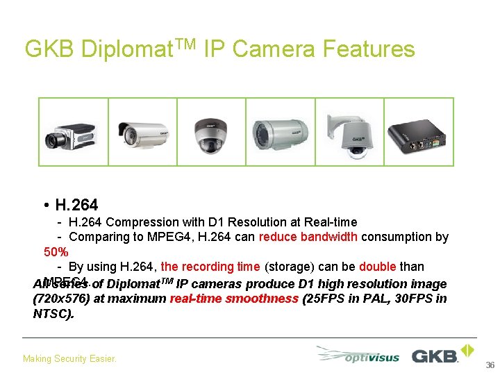GKB Diplomat. TM IP Camera Features • H. 264 - H. 264 Compression with