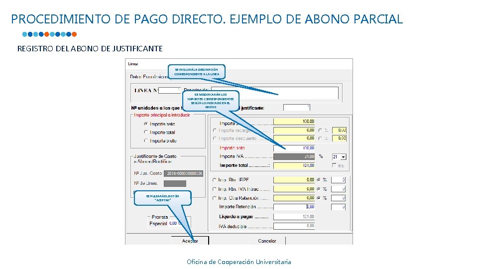 PROCEDIMIENTO DE PAGO DIRECTO. EJEMPLO DE ABONO PARCIAL REGISTRO DEL ABONO DE JUSTIFICANTE SE