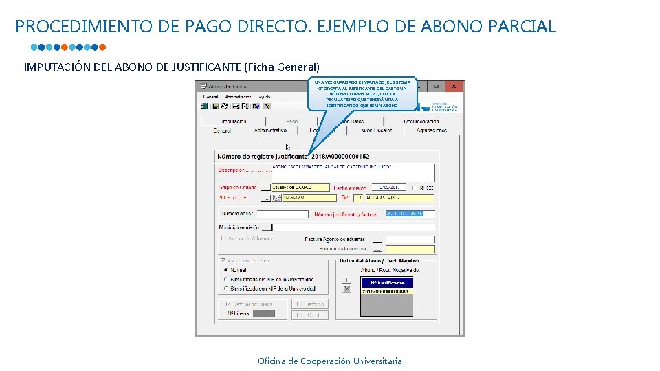 PROCEDIMIENTO DE PAGO DIRECTO. EJEMPLO DE ABONO PARCIAL IMPUTACIÓN DEL ABONO DE JUSTIFICANTE (Ficha