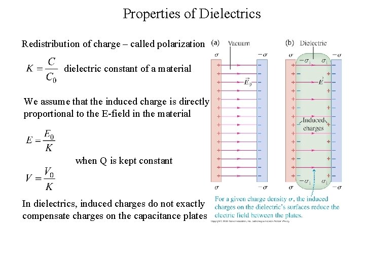 Properties of Dielectrics Redistribution of charge – called polarization dielectric constant of a material