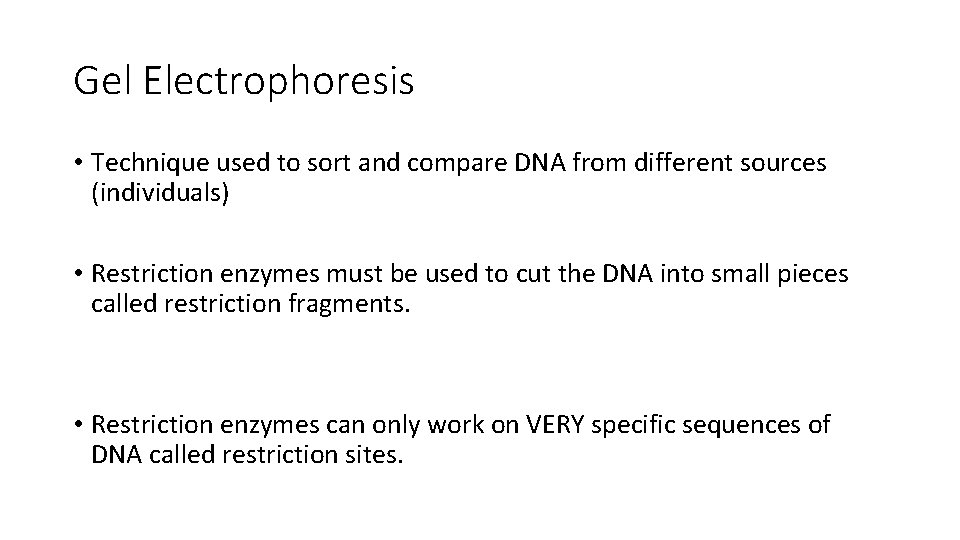 Gel Electrophoresis • Technique used to sort and compare DNA from different sources (individuals)