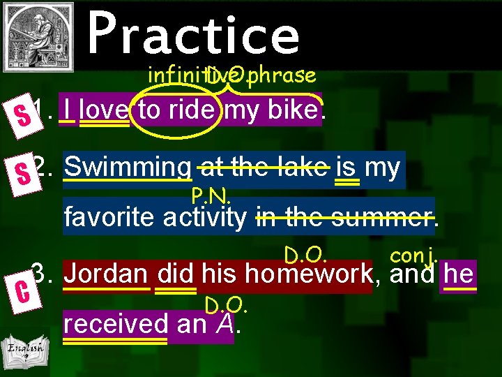 Practice infinitive D. O. phrase 1. I love to ride my bike. S 2.