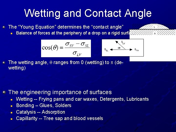 Wetting and Contact Angle The “Young Equation” determines the “contact angle” n Balance of