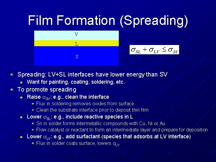 Film Formation (Spreading) V L S Spreading: LV+SL interfaces have lower energy than SV