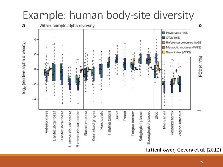 Example: human body-site diversity Huttenhower, Gevers et al. (2012) 35 