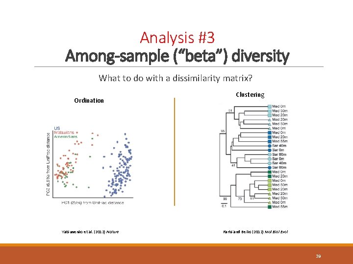 Analysis #3 Among-sample (“beta”) diversity What to do with a dissimilarity matrix? Ordination Yatsunenko