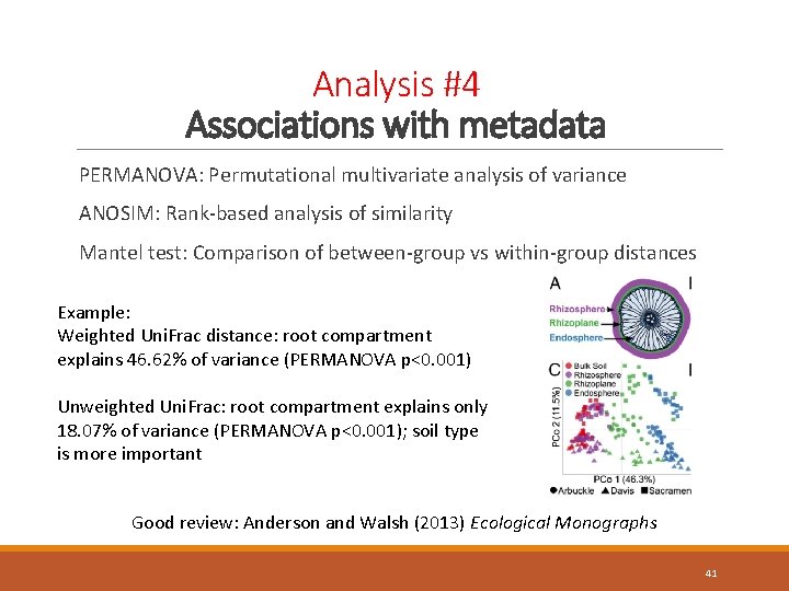 Analysis #4 Associations with metadata PERMANOVA: Permutational multivariate analysis of variance ANOSIM: Rank-based analysis