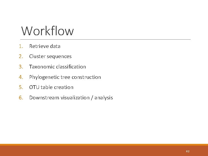 Workflow 1. Retrieve data 2. Cluster sequences 3. Taxonomic classification 4. Phylogenetic tree construction