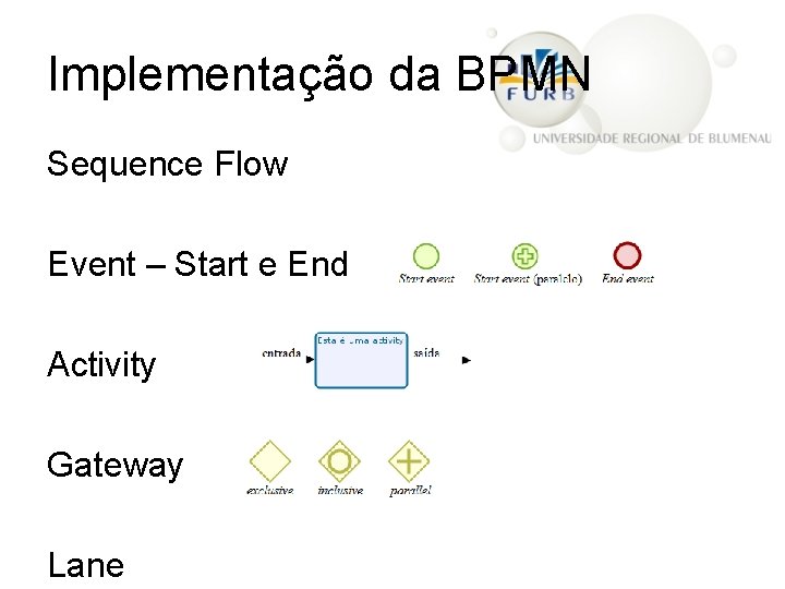 Implementação da BPMN Sequence Flow Event – Start e End Activity Gateway Lane 