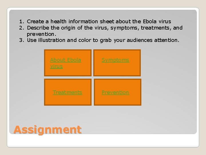 1. Create a health information sheet about the Ebola virus 2. Describe the origin